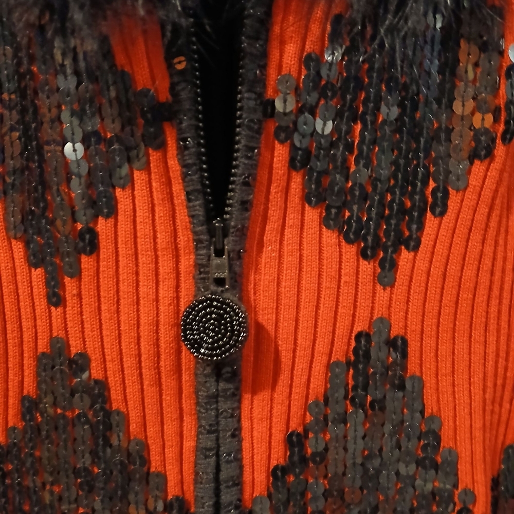 Berek 2 Red Black Fur Collar Sequin Diamond Zip Cardigan Sweater Small Steampunk - Picture 6 of 12